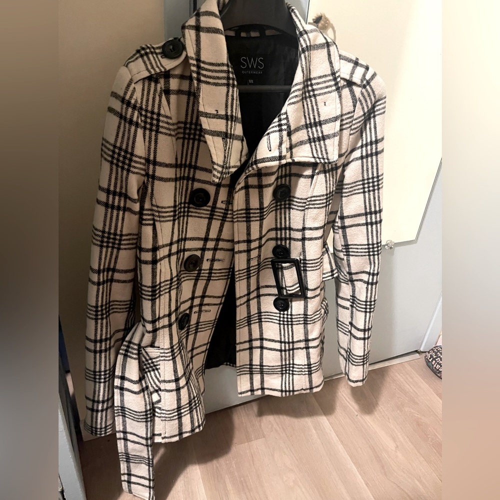 SWS White Striped Plaid Button Pea Coat